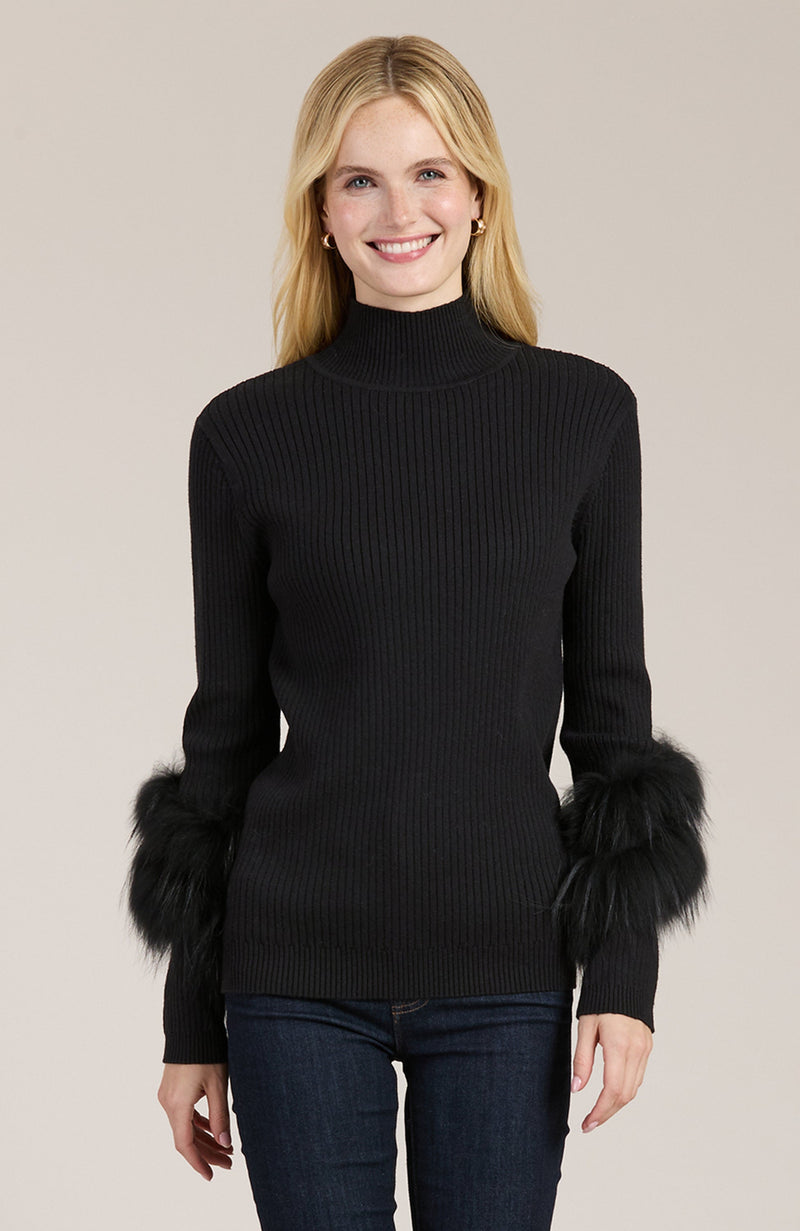 Cotton Cashmere Mock Neck Fur Sweater - 2 Colors