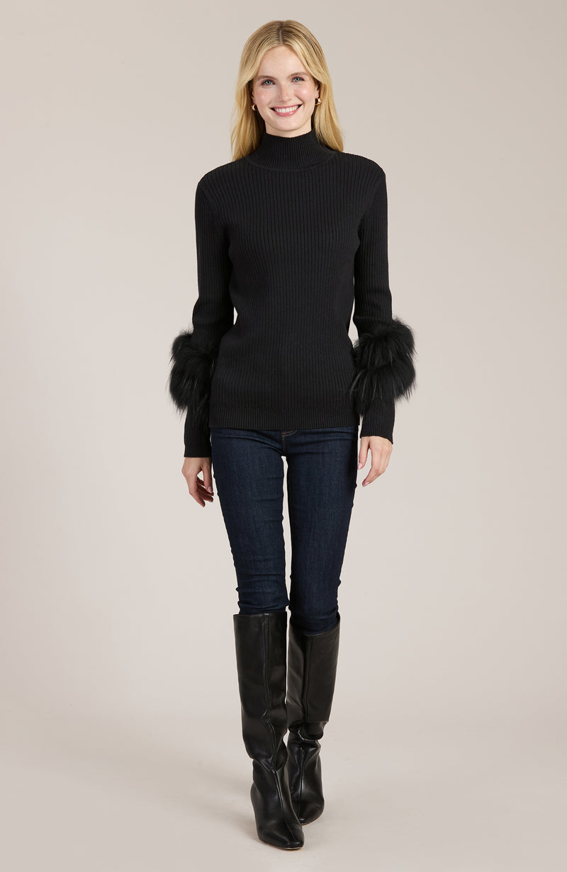 Cotton Cashmere Mock Neck Fur Sweater - 2 Colors