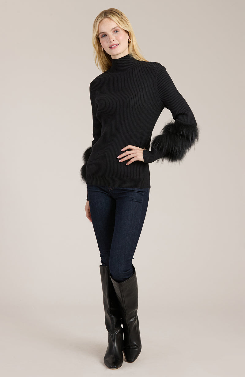 Cotton Cashmere Mock Neck Fur Sweater - 2 Colors