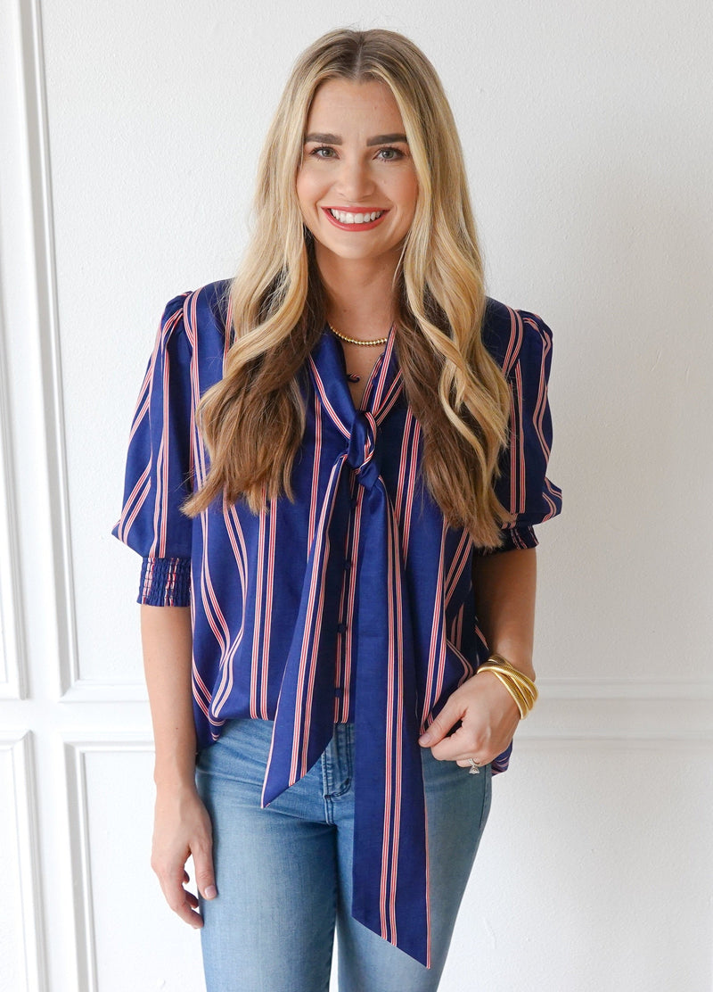 Holly Bow Top Navy Stripe