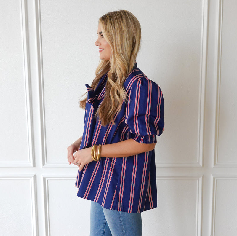 Holly Bow Top Navy Stripe