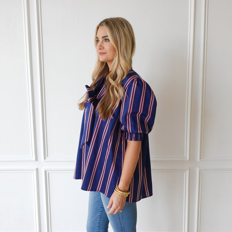 Holly Bow Top Navy Stripe