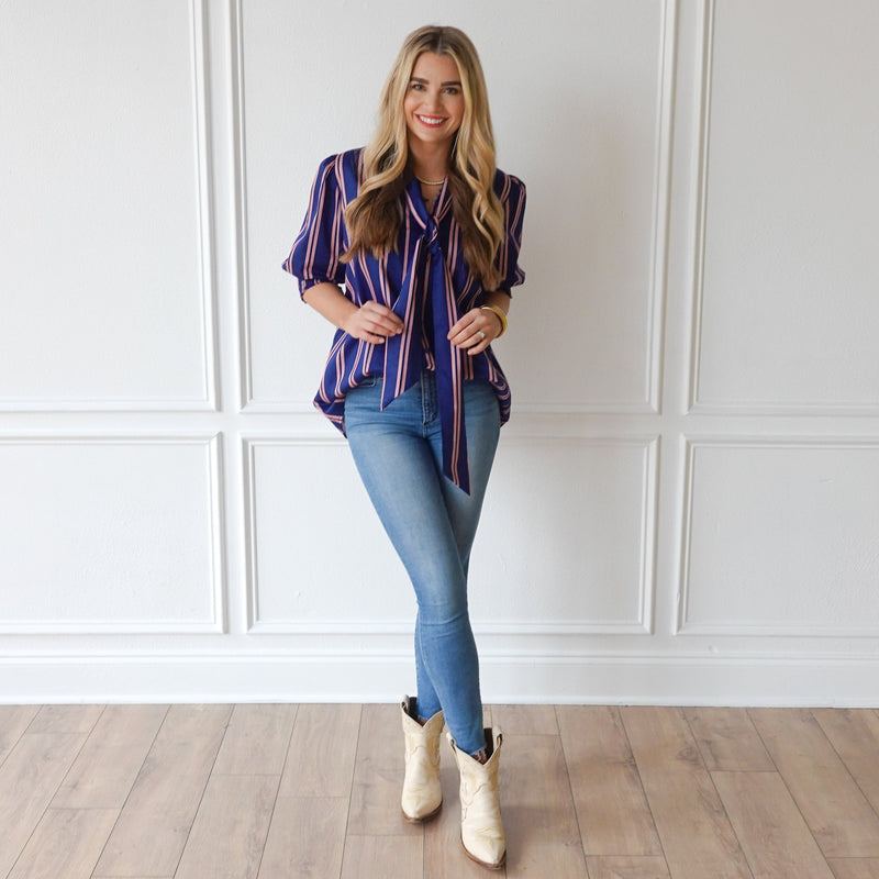 Holly Bow Top Navy Stripe