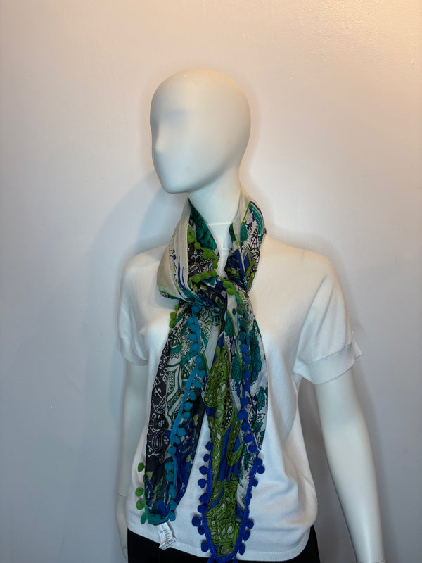 Cashmere-print Silk Square + Pompoms Scarf