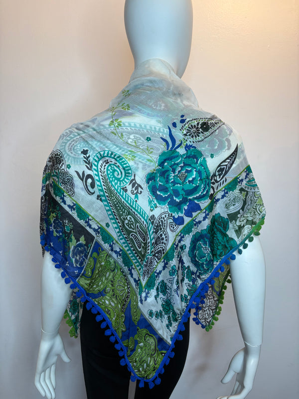 Cashmere-print Silk Square + Pompoms Scarf