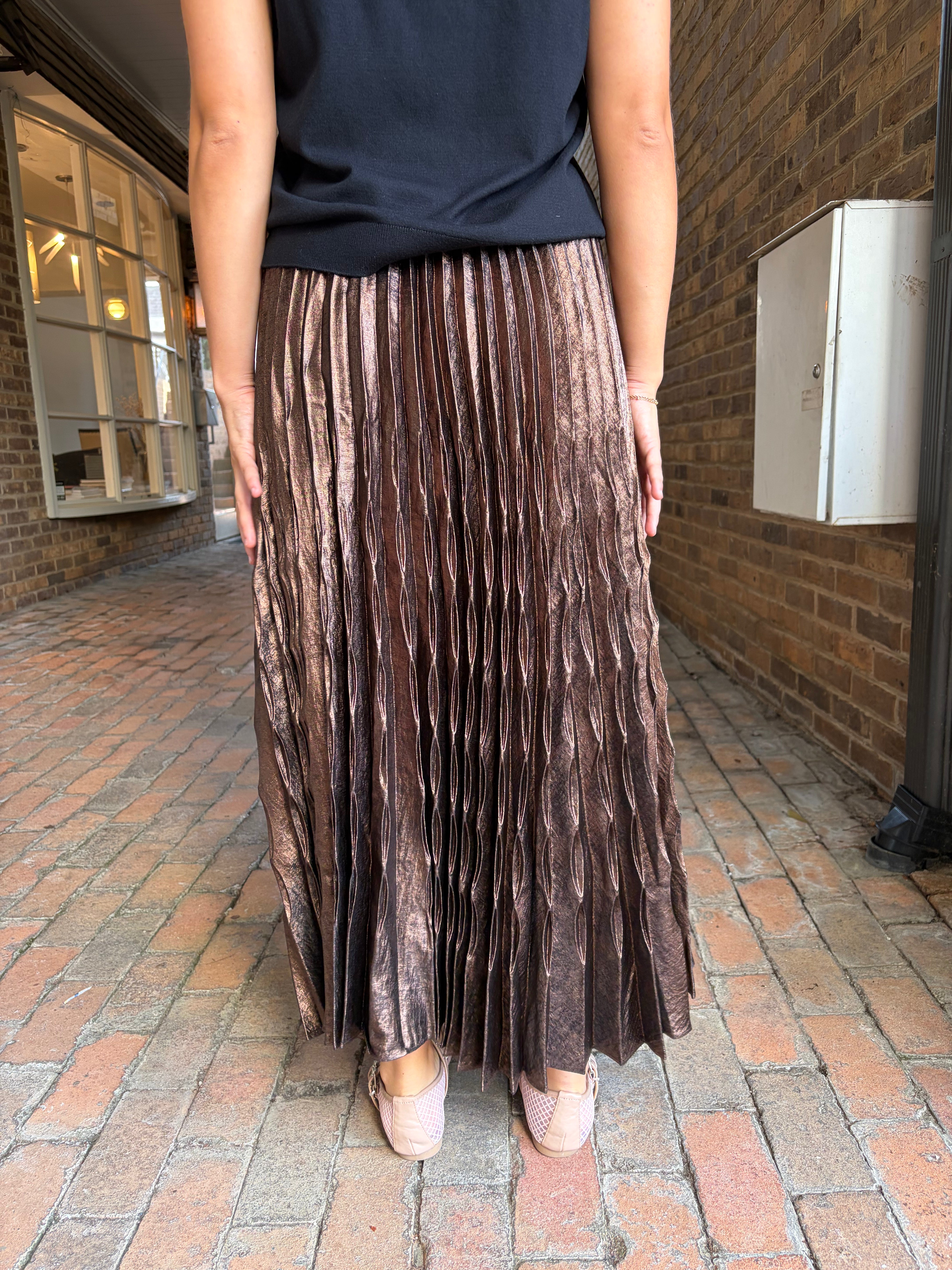 Mettalic Elasticized Waist Pleated Midi Skirt