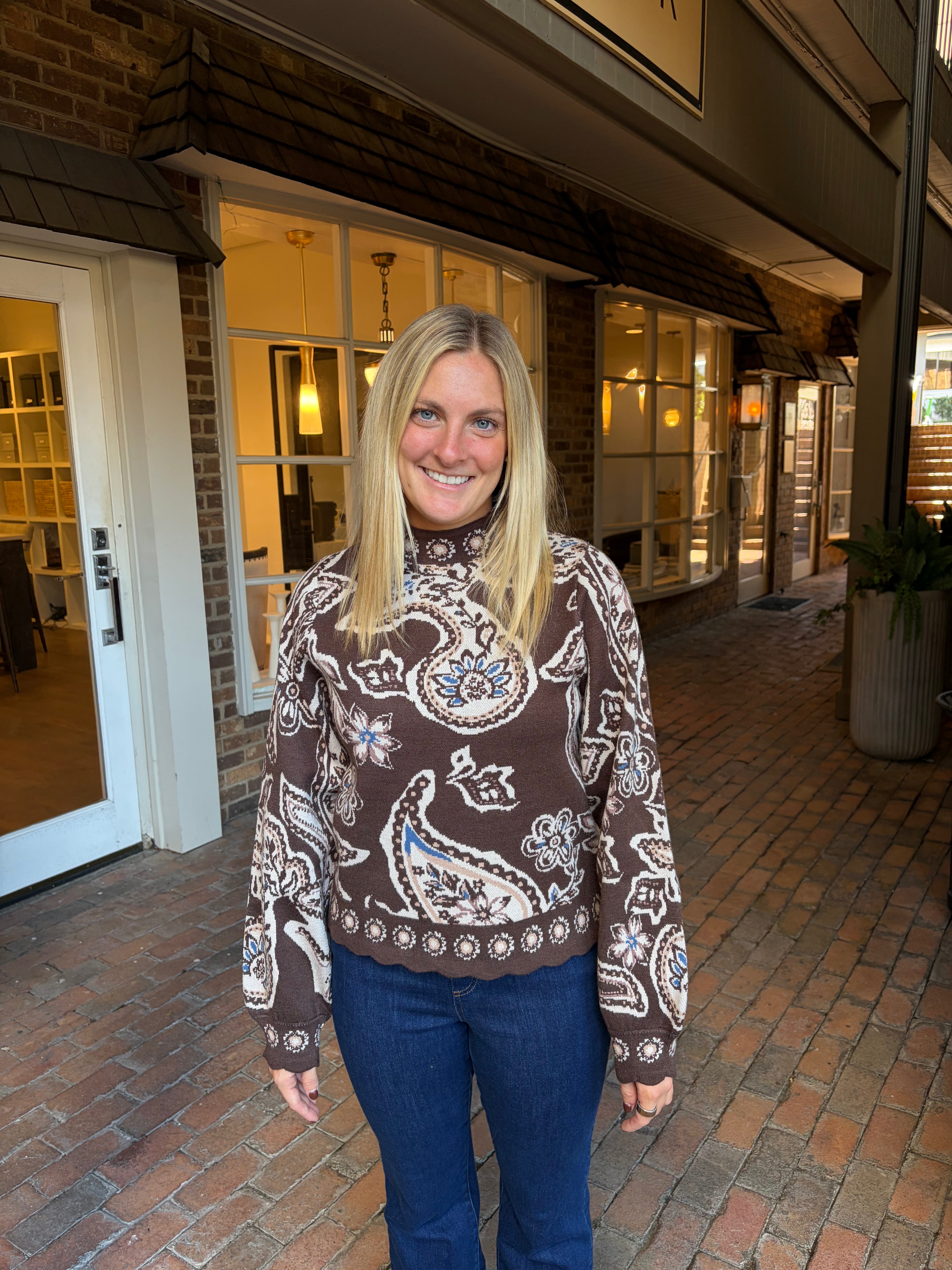 Long Sleeve Pattern Sweater with Scallop Detail