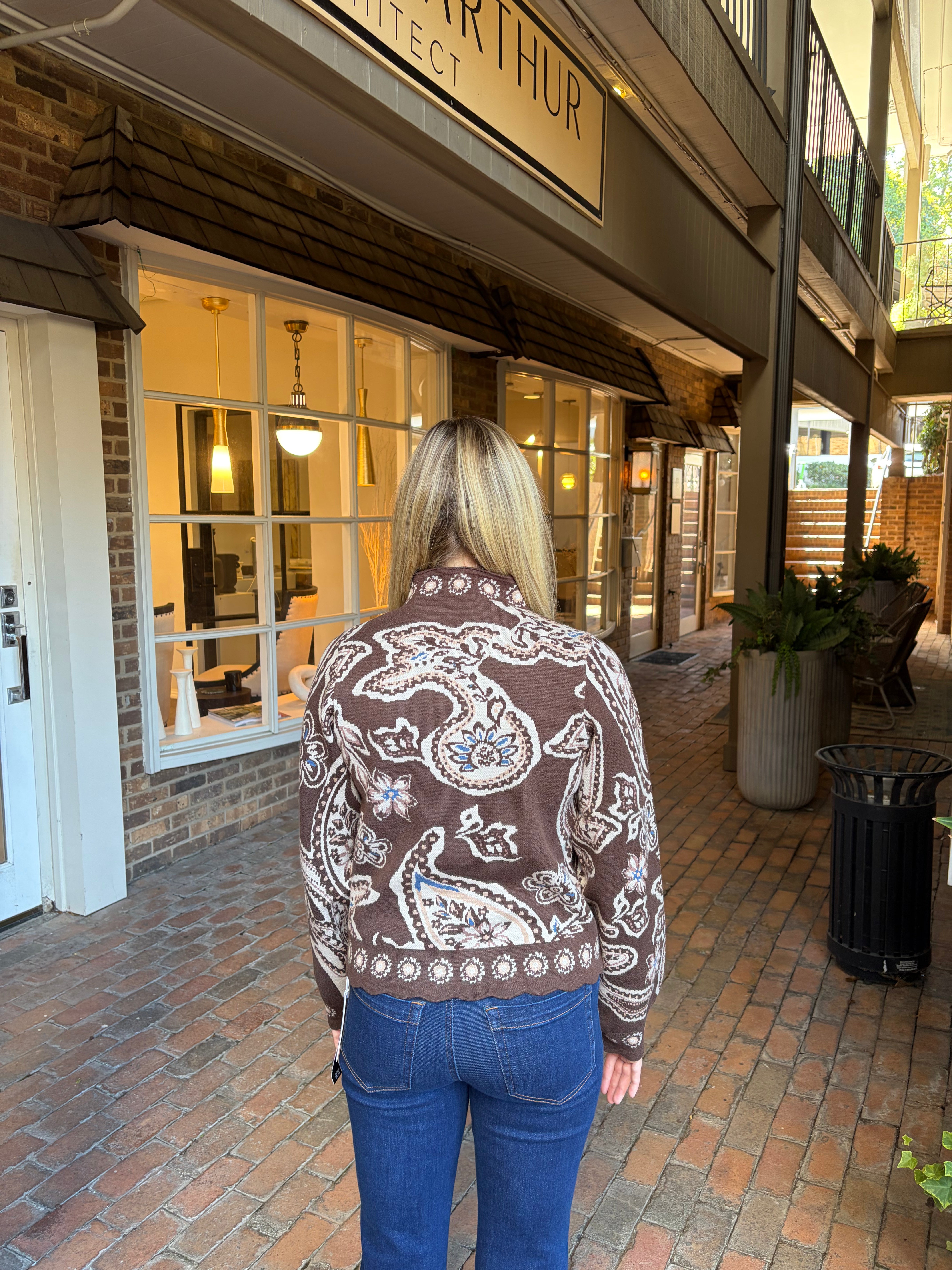 Long Sleeve Pattern Sweater with Scallop Detail