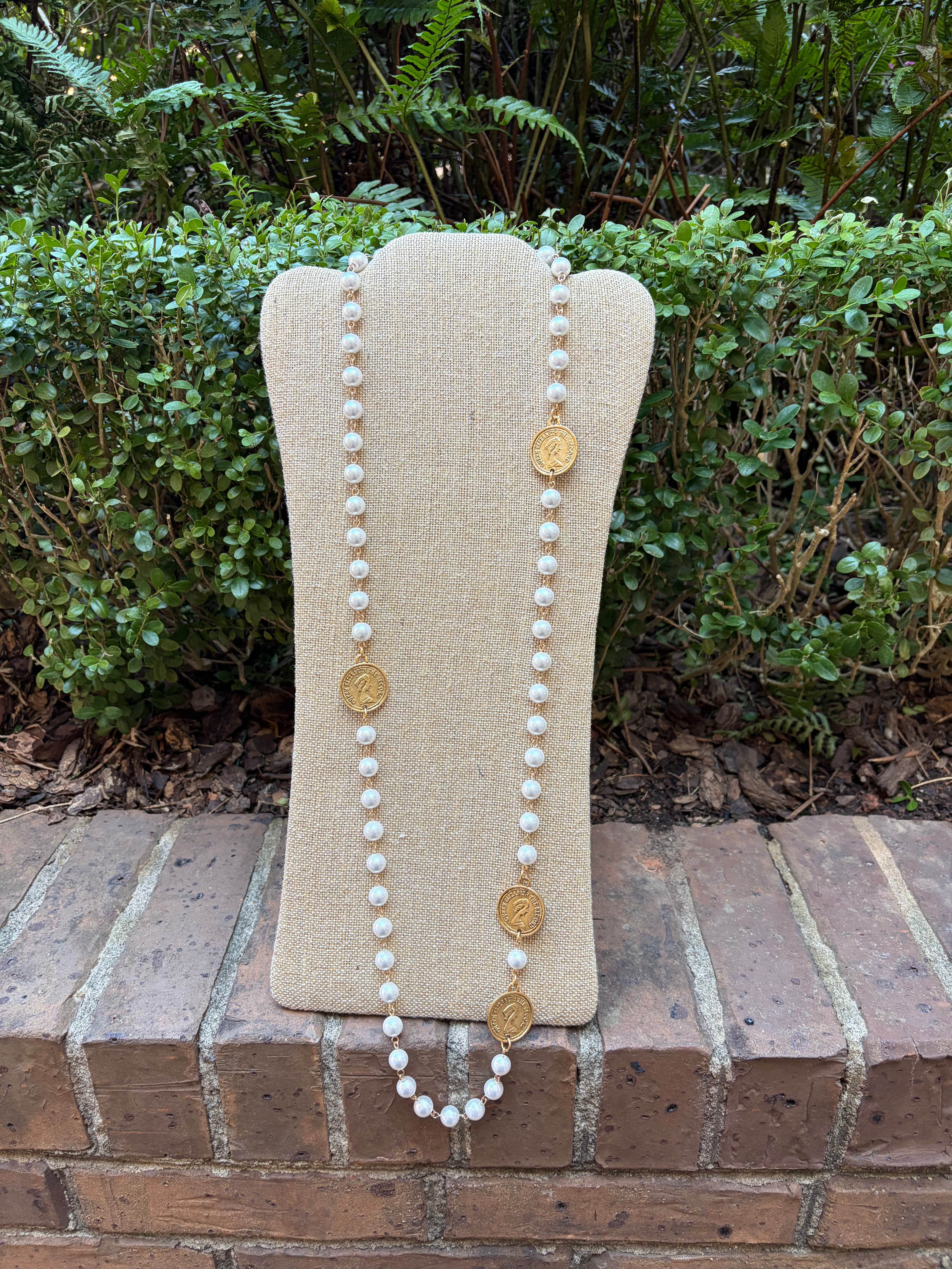 Long pearl coin necklace