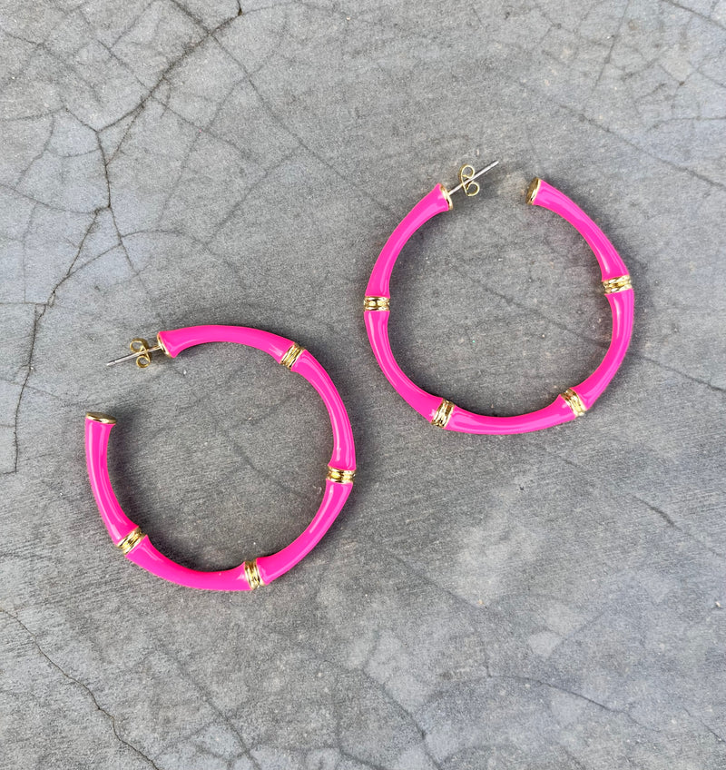 Bamboo Hoop Earrings - 4 Colors Hot Pink