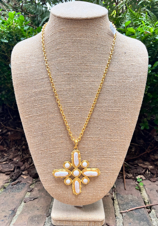 Gold Pearl Cross Necklace