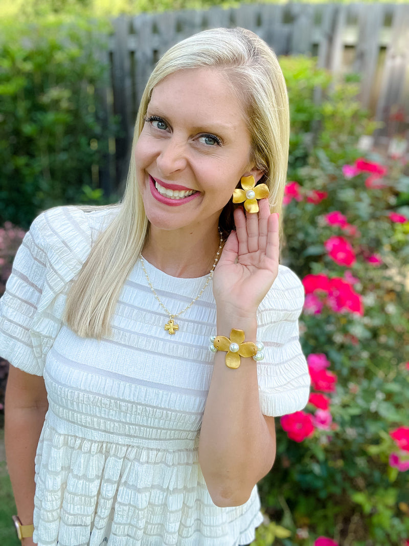 Large Dogwood & Pearl Stud Earrings