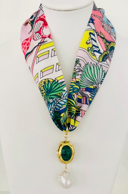 Twilly w/ Malachite & Pearl Drop Necklace