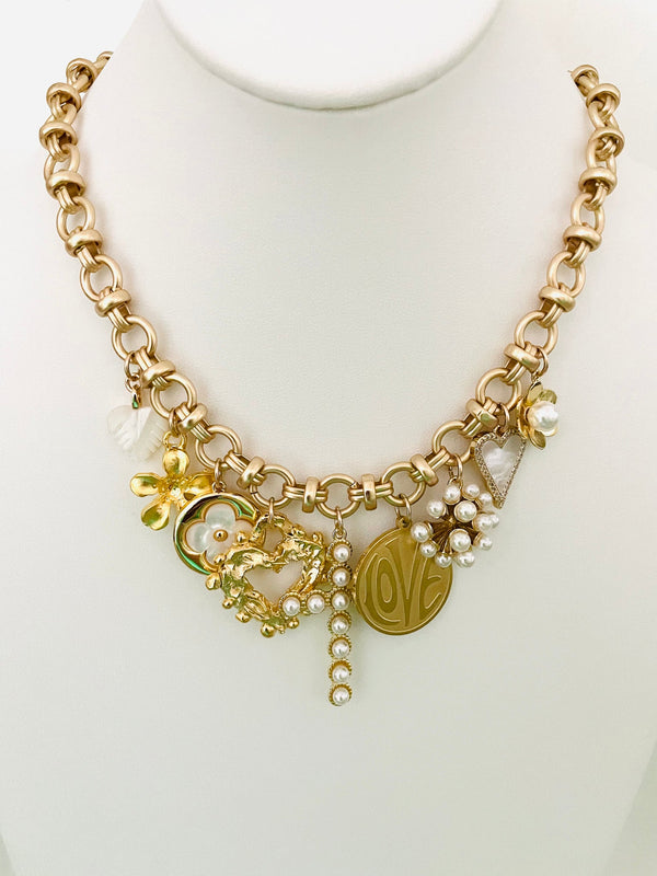 Multi Charm Pearl Cross Necklace
