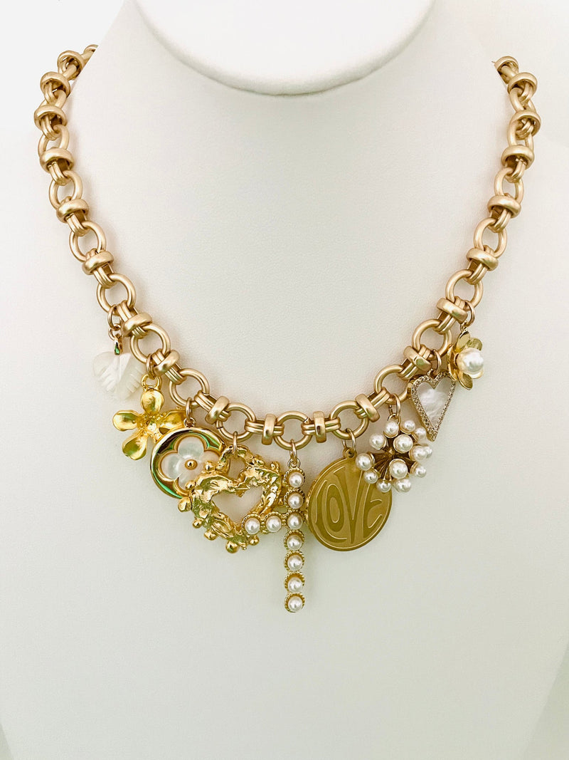 Multi Charm Pearl Cross Necklace
