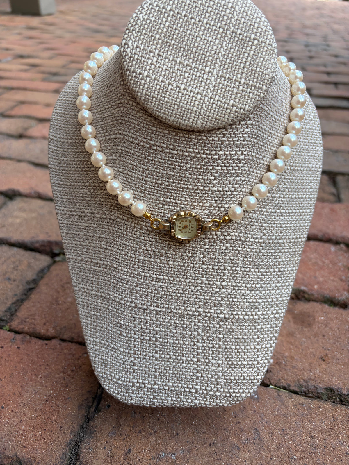 Vintage Faux Pearl Necklace with Antique Watch Pendant 2