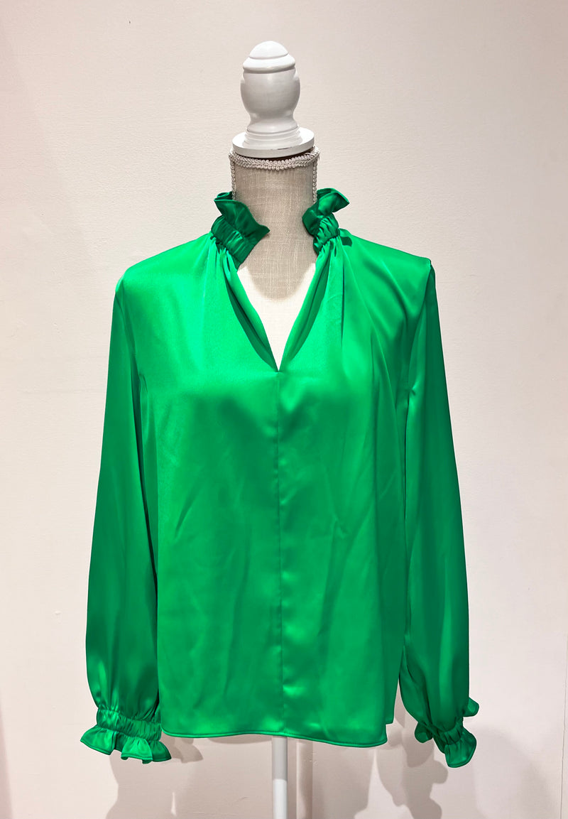 Long Sleeve Faux Silk Blouse XS Emerald