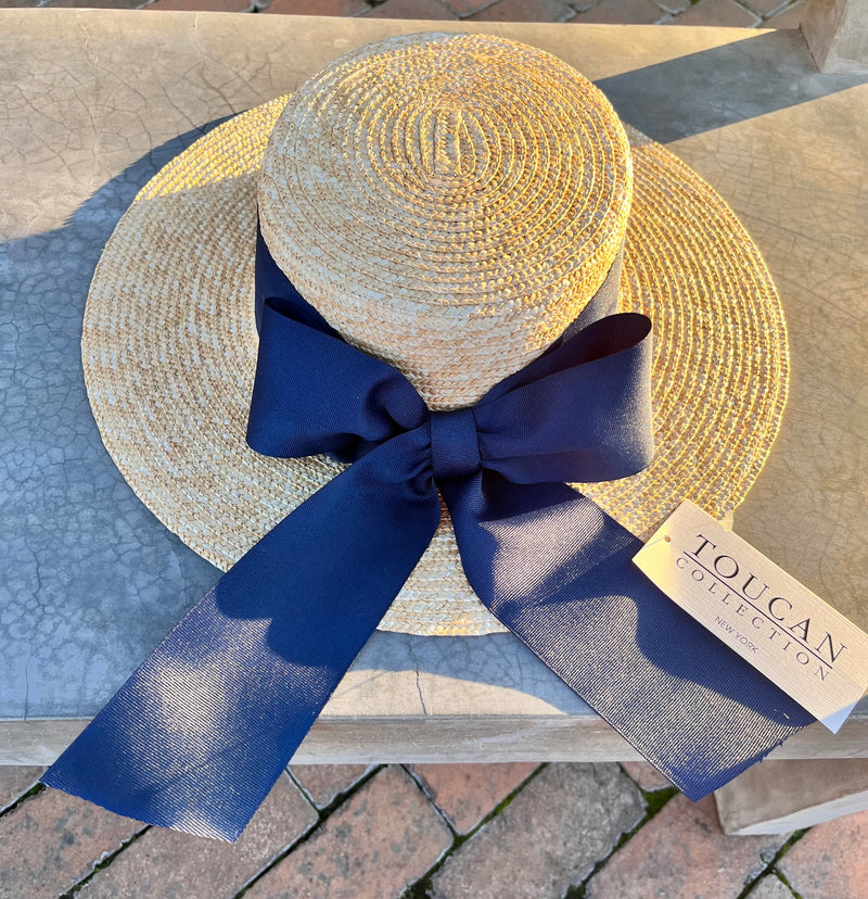 Back Bow Boater Hat - 2 Colors Natural/Navy