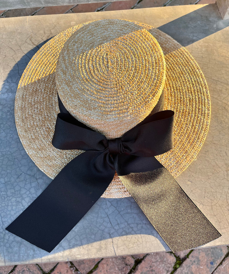 Back Bow Boater Hat - 2 Colors Natural/Black
