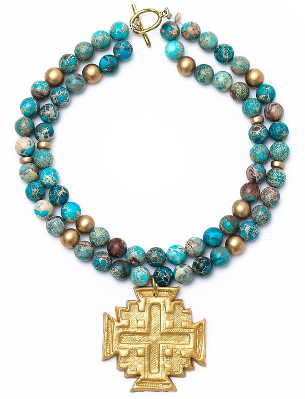 Double Strand Turquoise Sea Sediment Jasper with Jerusalem Cross