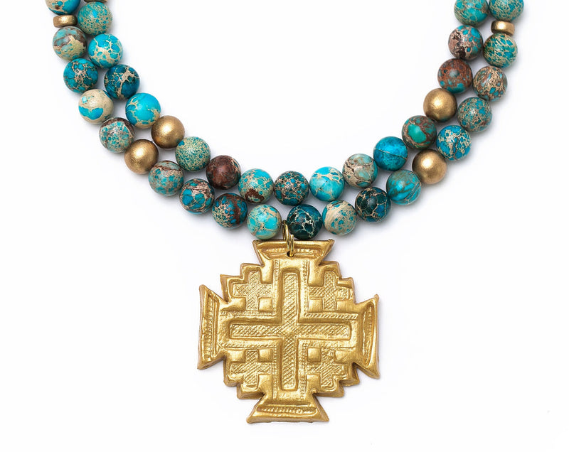 Double Strand Turquoise Sea Sediment Jasper with Jerusalem Cross