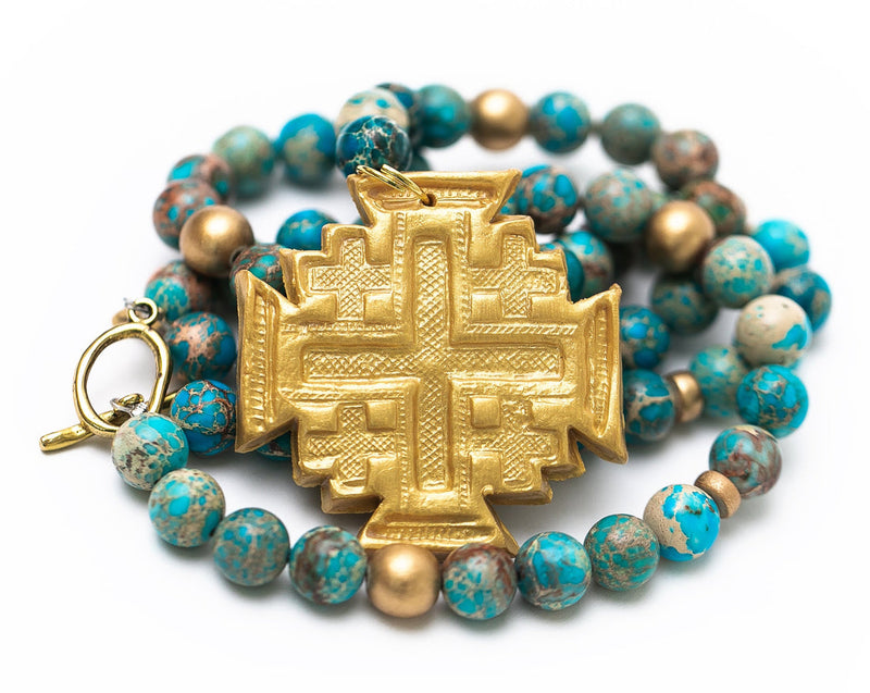 Double Strand Turquoise Sea Sediment Jasper with Jerusalem Cross