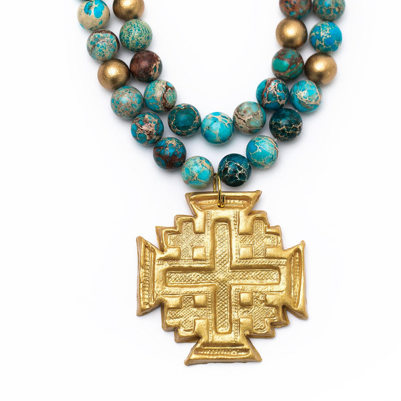 Double Strand Turquoise Sea Sediment Jasper with Jerusalem Cross