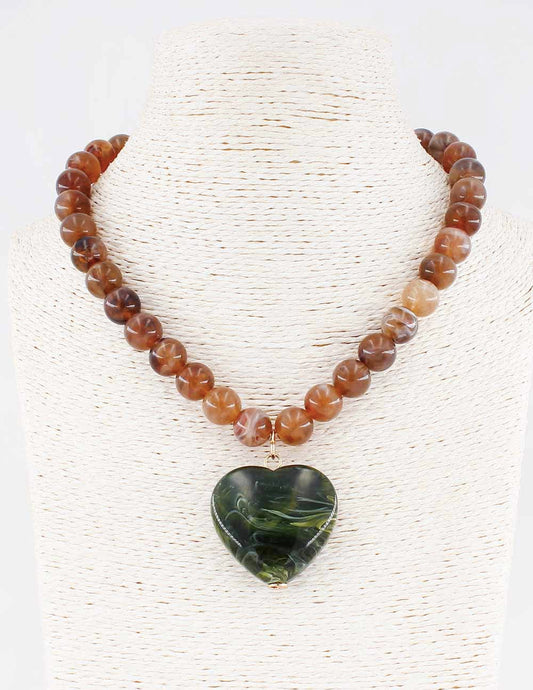 Brown Beaded Necklace With Green Stone Heart 16"-18"