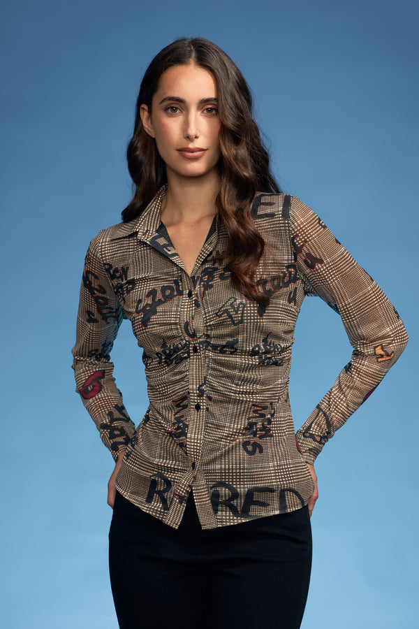 Plaid/Numbers Rouched Mesh Shirt