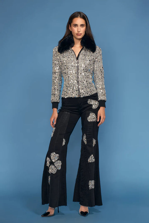 Boucle Sequin Jacket w/ Faux Fur Collar