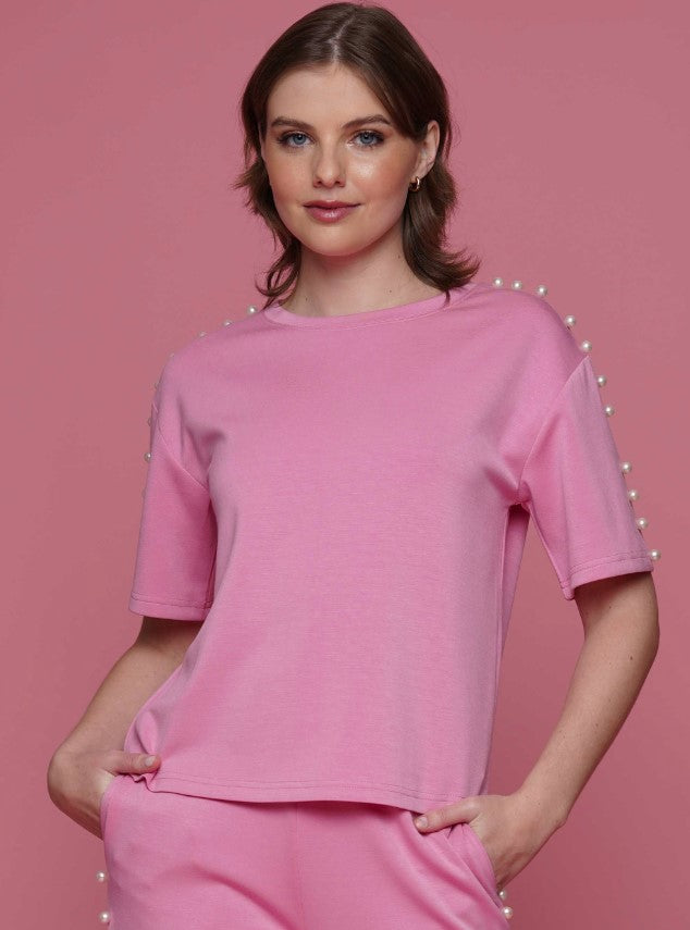 Short Sleeve Lined Pearl Top - 2 Colors XS Powder Pink
