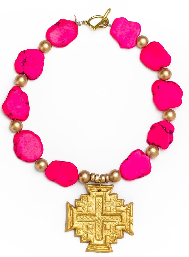 Hot Pink Jade Nuggets with Jerusalem Cross Necklace