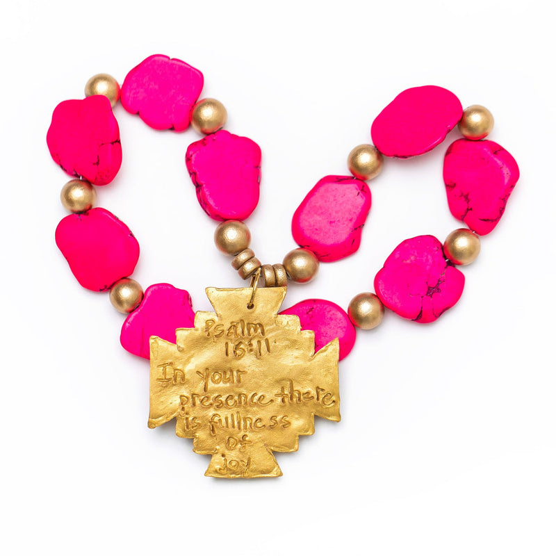 Hot Pink Jade Nuggets with Jerusalem Cross Necklace