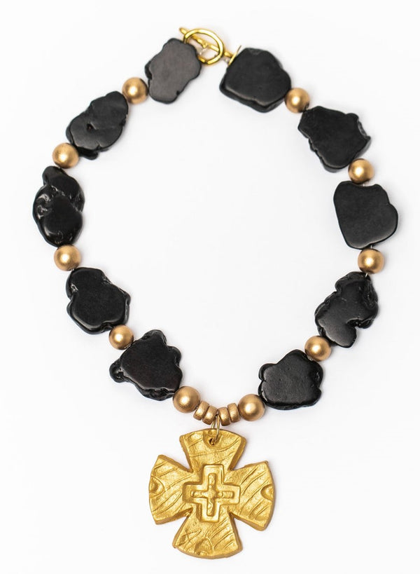 Black Jade Nuggets with Cari Cross Necklace