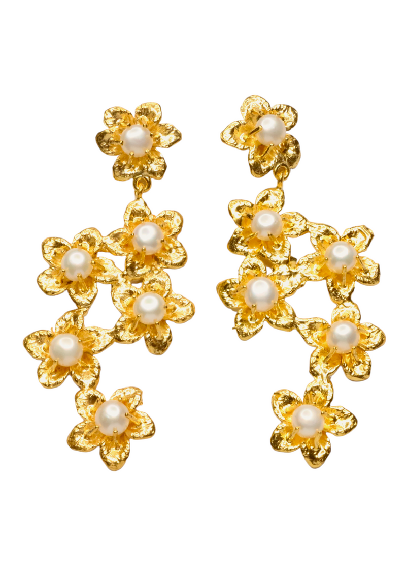 Gold and Pearl Flower Earrings