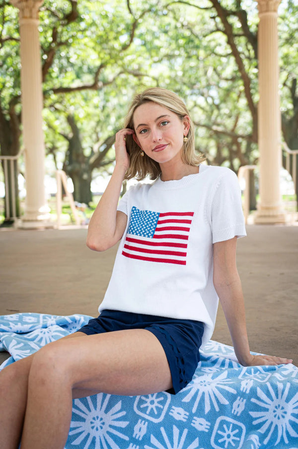 Short Sleeve Flag Sweater - White