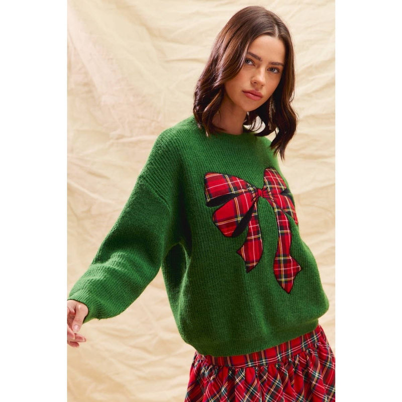 Plaid Ribbon Christmas Holiday Sweater