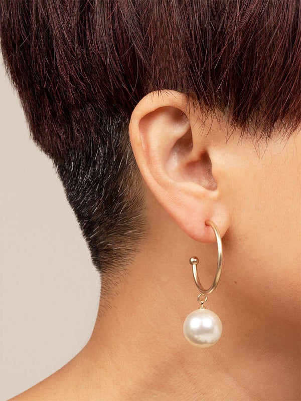 Matte Gold Bead Hoop Earring with Pearl