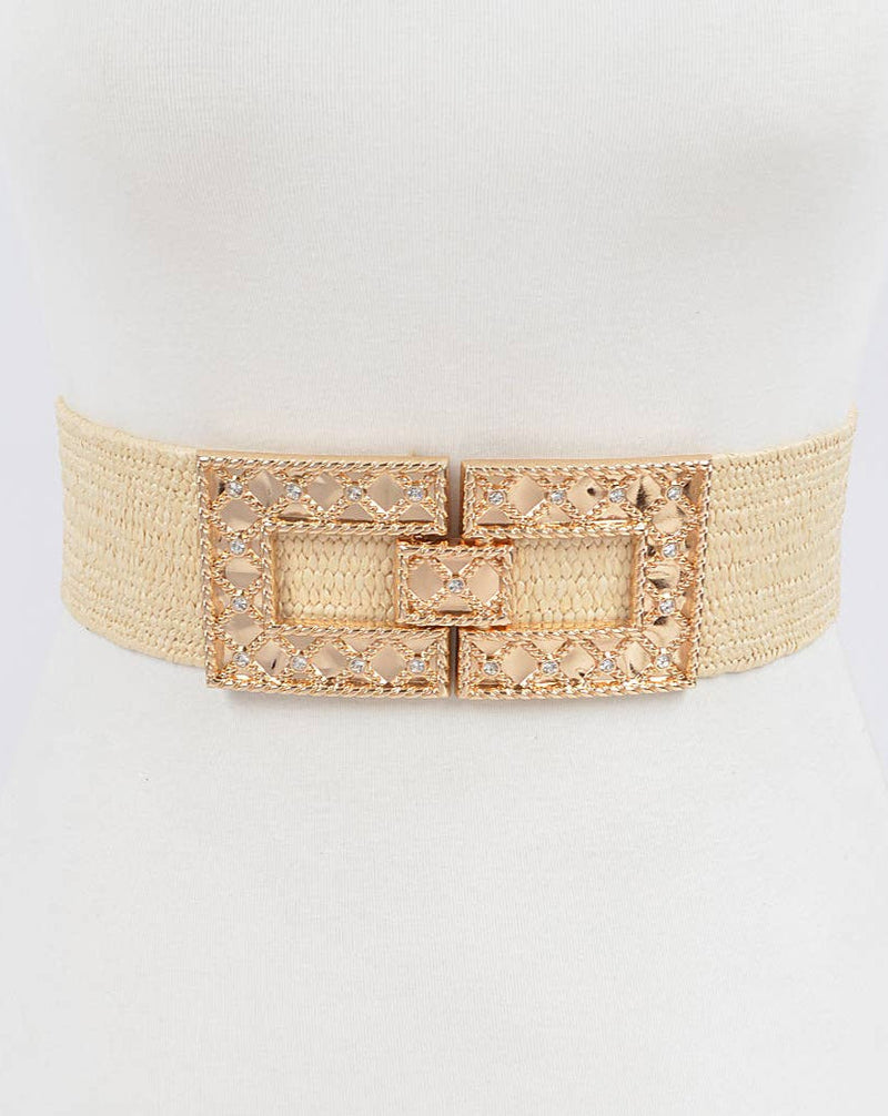 Rhinestone Buckle Stretch Straw Belt - 3 Colors
