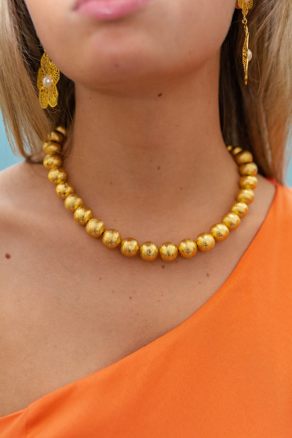 Diana Single Strand Beaded Large Necklace - 14mm - Brushed Gold