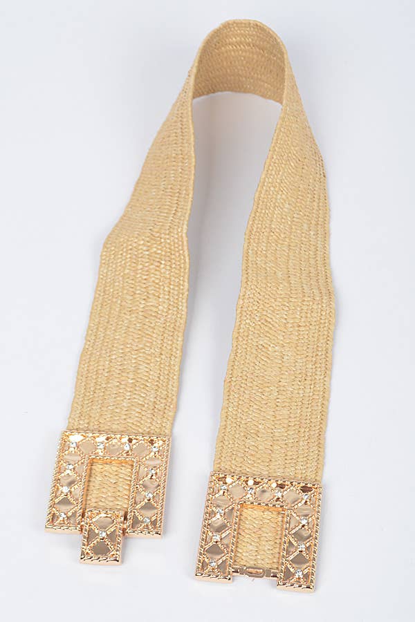 Rhinestone Buckle Stretch Straw Belt - 3 Colors