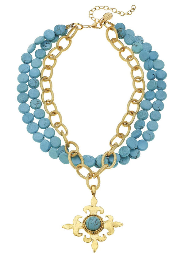 Fleur Cross Multi-Strand Turquoise Necklace