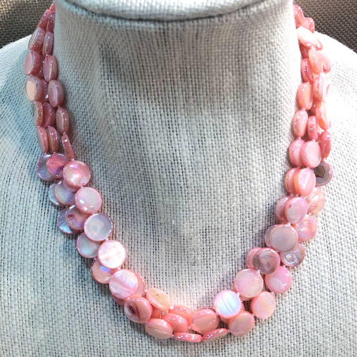 3 Strand Mother of Pearl Necklace - 2 Colors One Size Coral