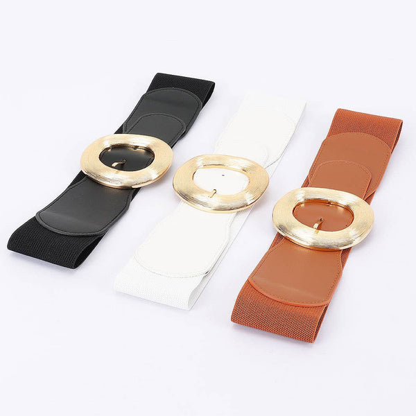 Wide Round Buckle Stretch Belt - White