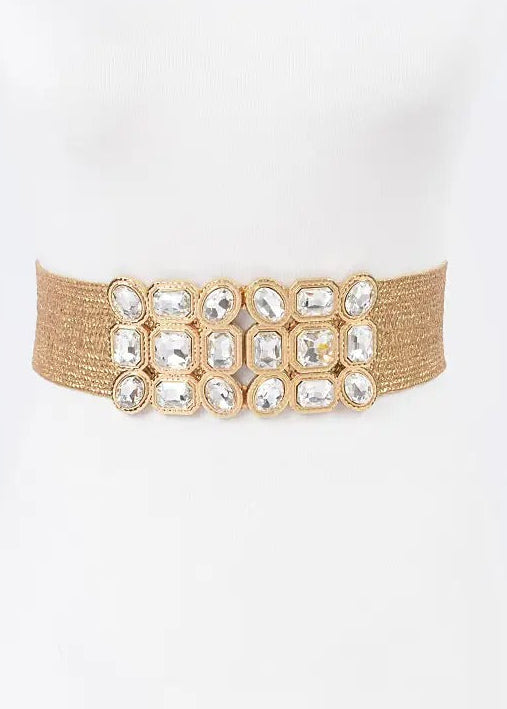 Multi Stone Metallic Straw Stretch Belt