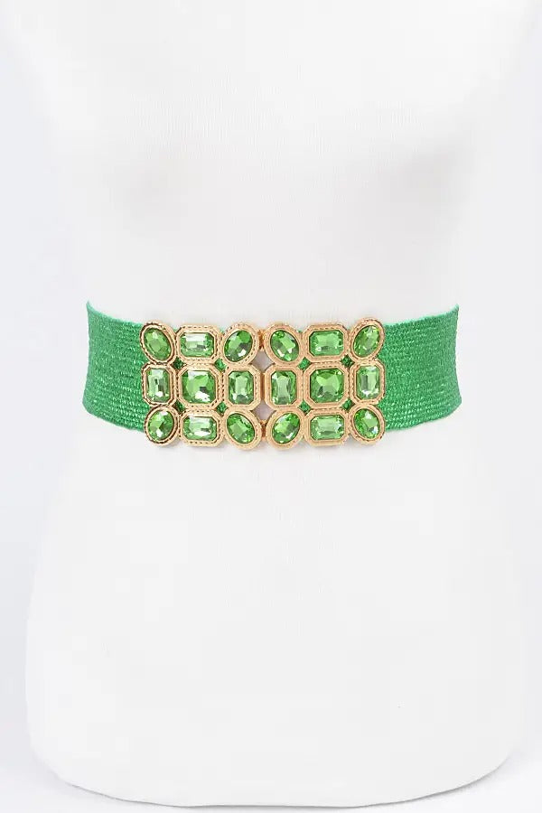 Multi Stone Metallic Straw Stretch Belt