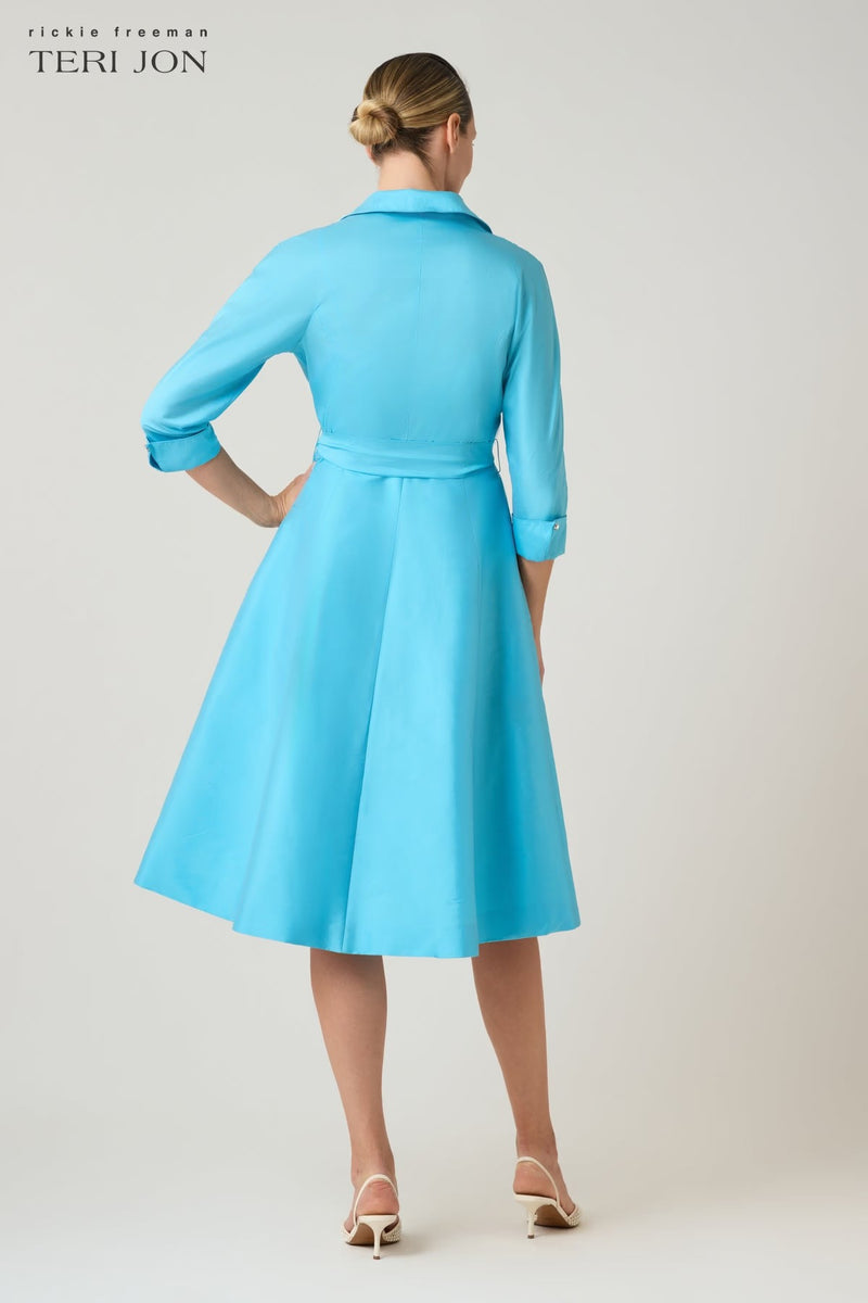 Teri Jon 3/4 Sleeve Belted Taffeta Shirt Dress Size 14