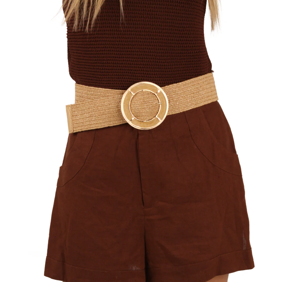 Metallic Buckle Straw Belt