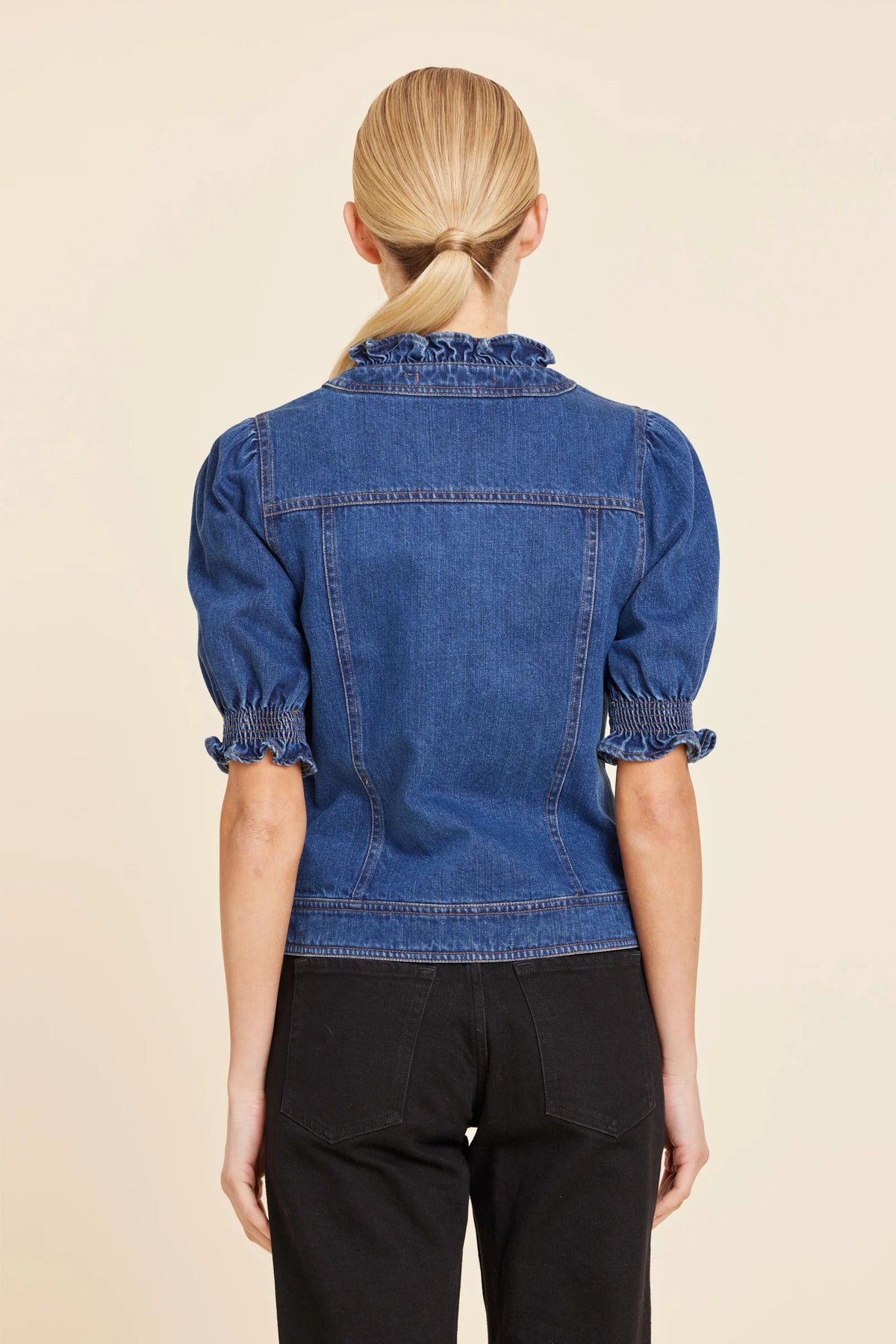 Denim Ruffle Neck & Cuff Shirt Jacket
