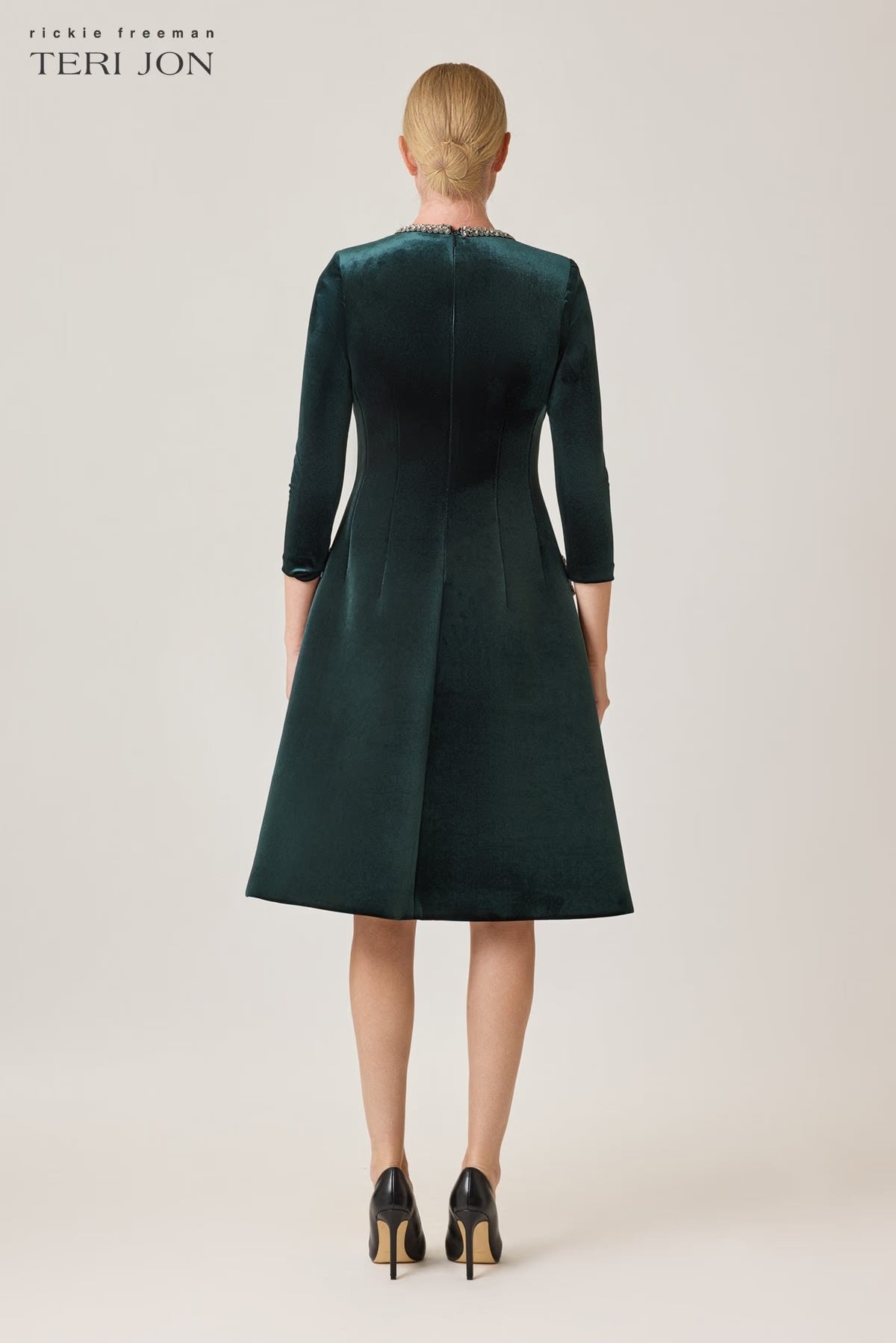 Velvet A Line Dress with Rhinestone Collar and Pocket Detail